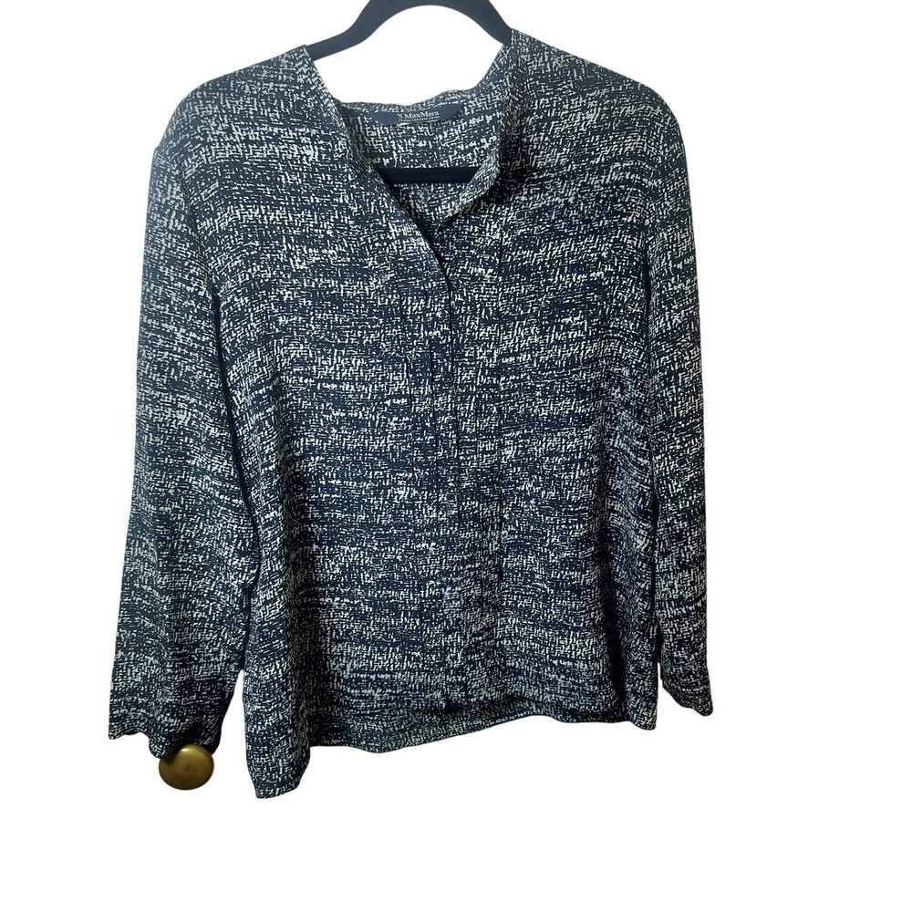 S Max Mara Navy White Abstract Print Long Sleeve Button Down Blouse Top